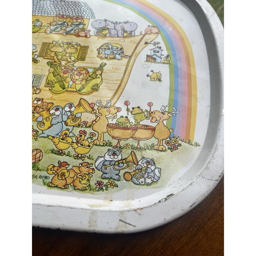 Vintage 1982 Enesco Metal Aluminum Tray Noah's Ark Animals By Twos‎ Rainbow